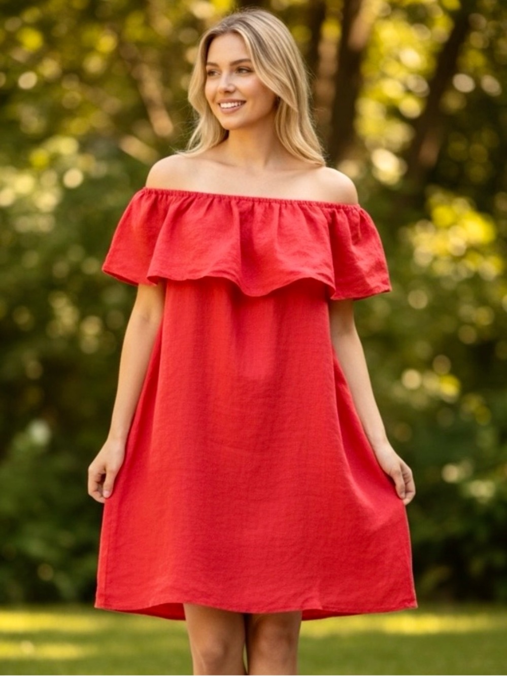 C&A 100% Linen Off Shoulder Coral Dress Pockets Ruffle EU 38 / Medium